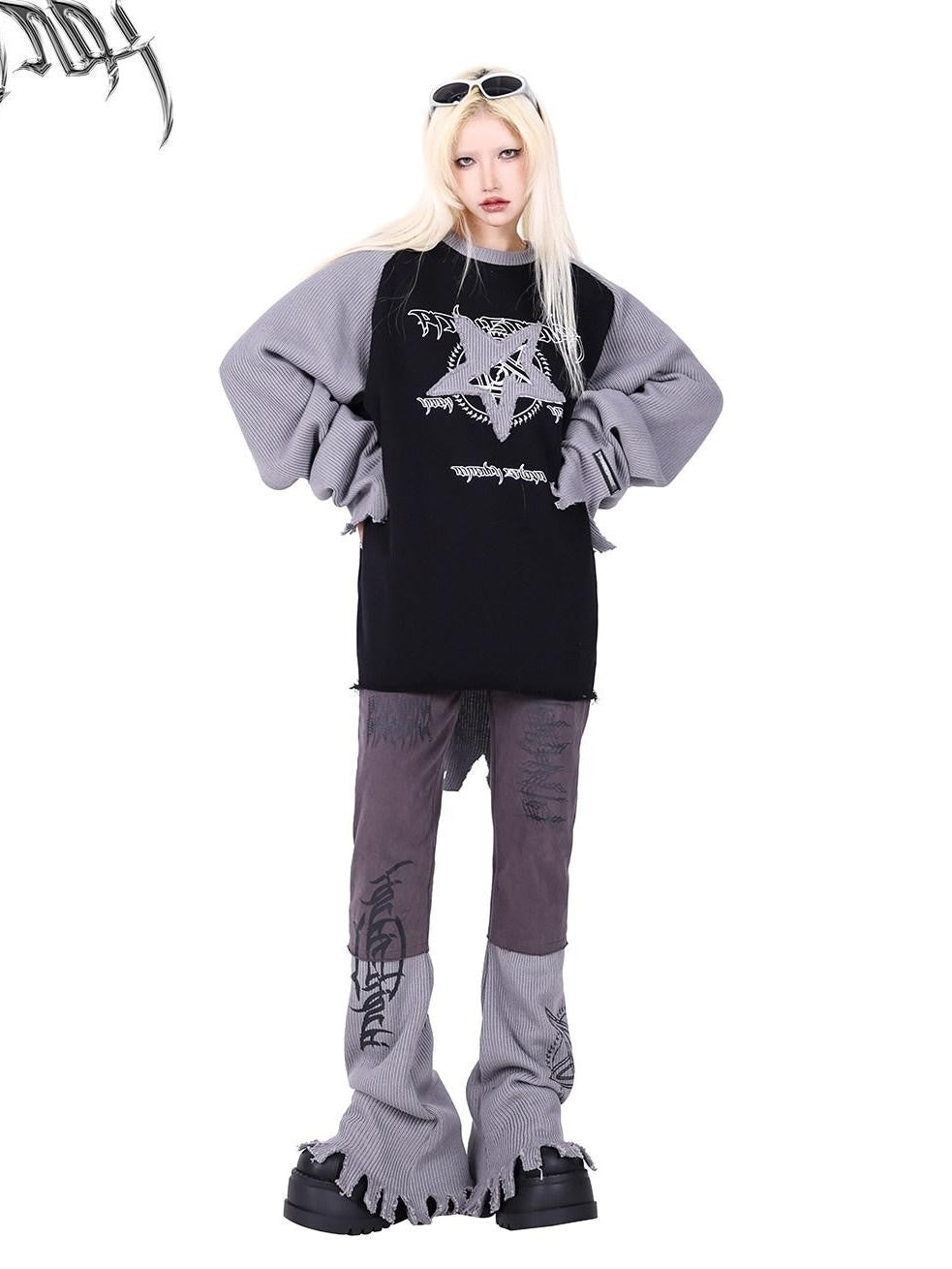 PINKSPINK Pentagram Denim Patchwork Raglan Printed Women's Knit Sweatshirts