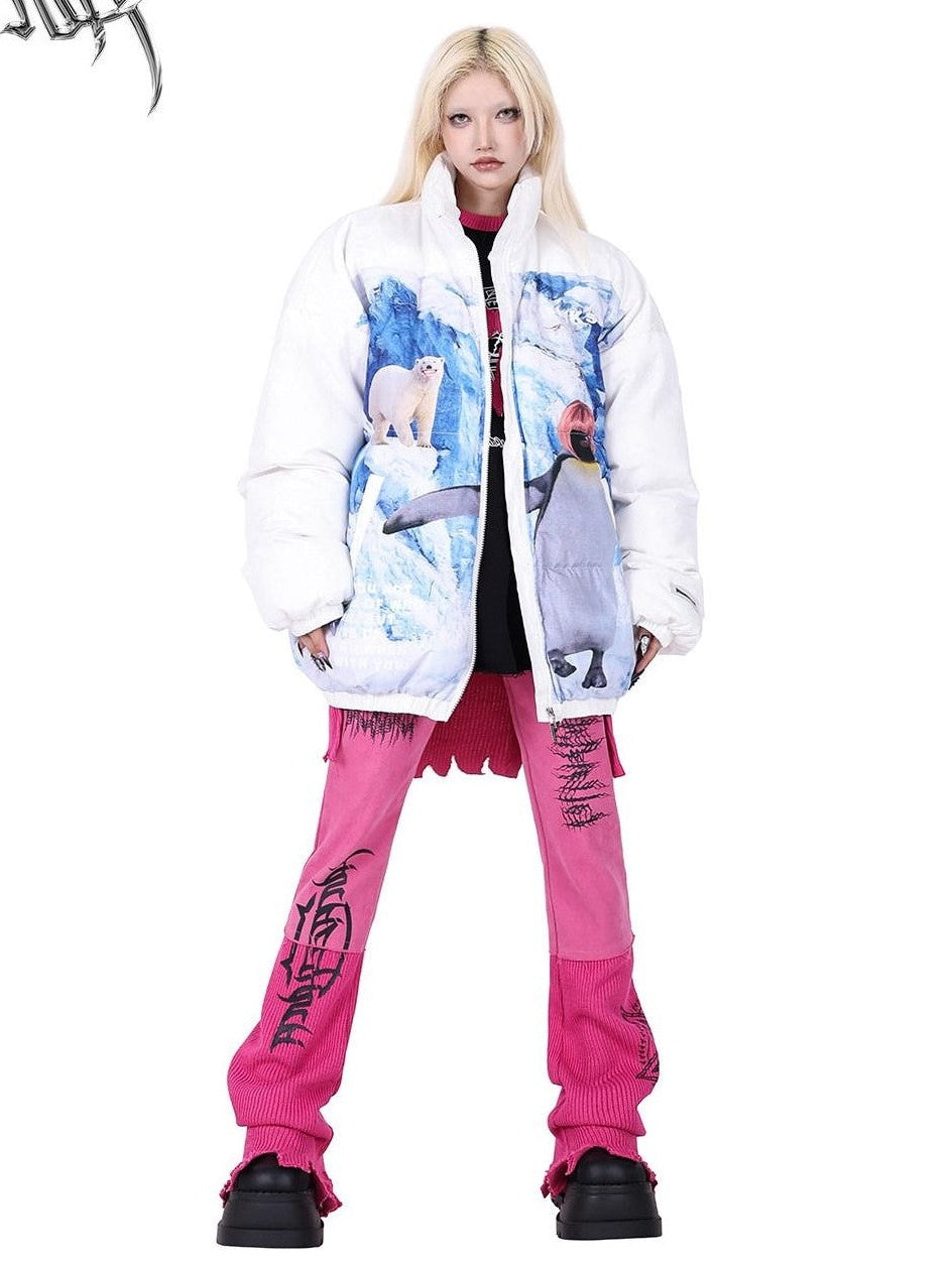 PINKSPINK Snow Mountain Polar Bear Print Stand Collar Women's Cotton Padded Puffer Jackets