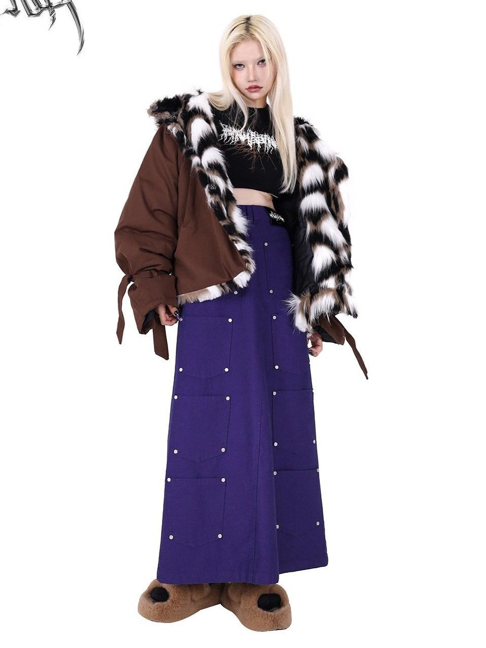 PINKSPINK Dark Purple Embroidered Multi Pocket Patchwork Women's Denim Maxi Skirts