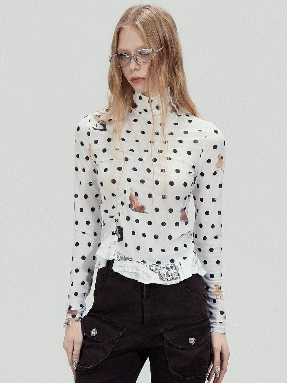 TOOOLAZY_White_Polka_Dot_Lace_Trim_High_Neck_Slim_Women's_Mesh_Long_Sleeve_T-shirts_1022460008853_MISSTT