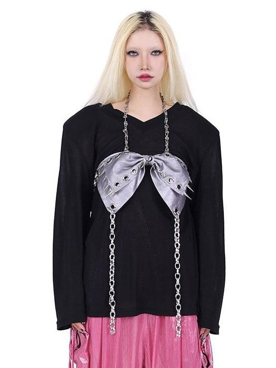 PINKSPINK Silver Studded 3d Bow Embroidered Cutout Asymmetric Tie Back Women's Halter Tops
