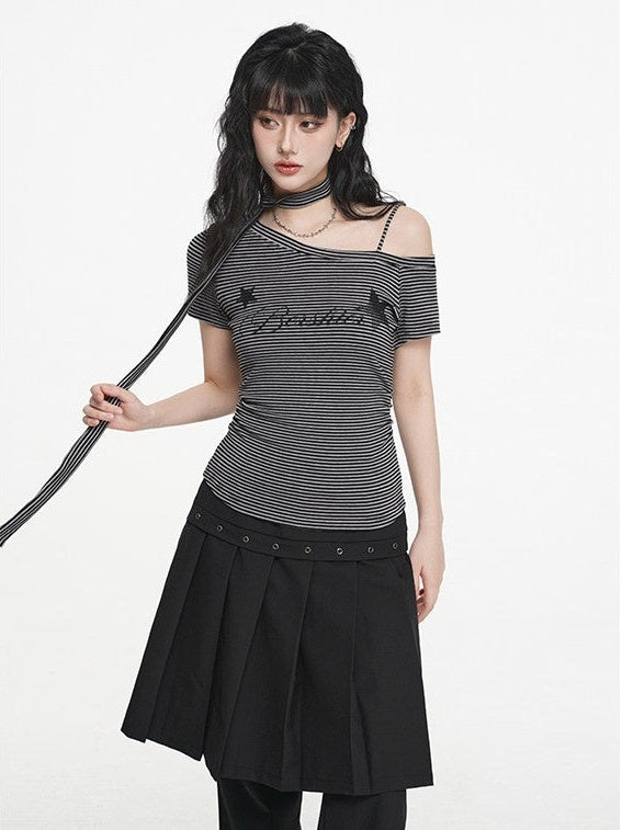 VEEMIX_Coffee_Stripe_Ruched_Slanted_Print_Women's_Tencel_Cotton_Off-shoulder_T-shirts_1017850571186_MISSTT