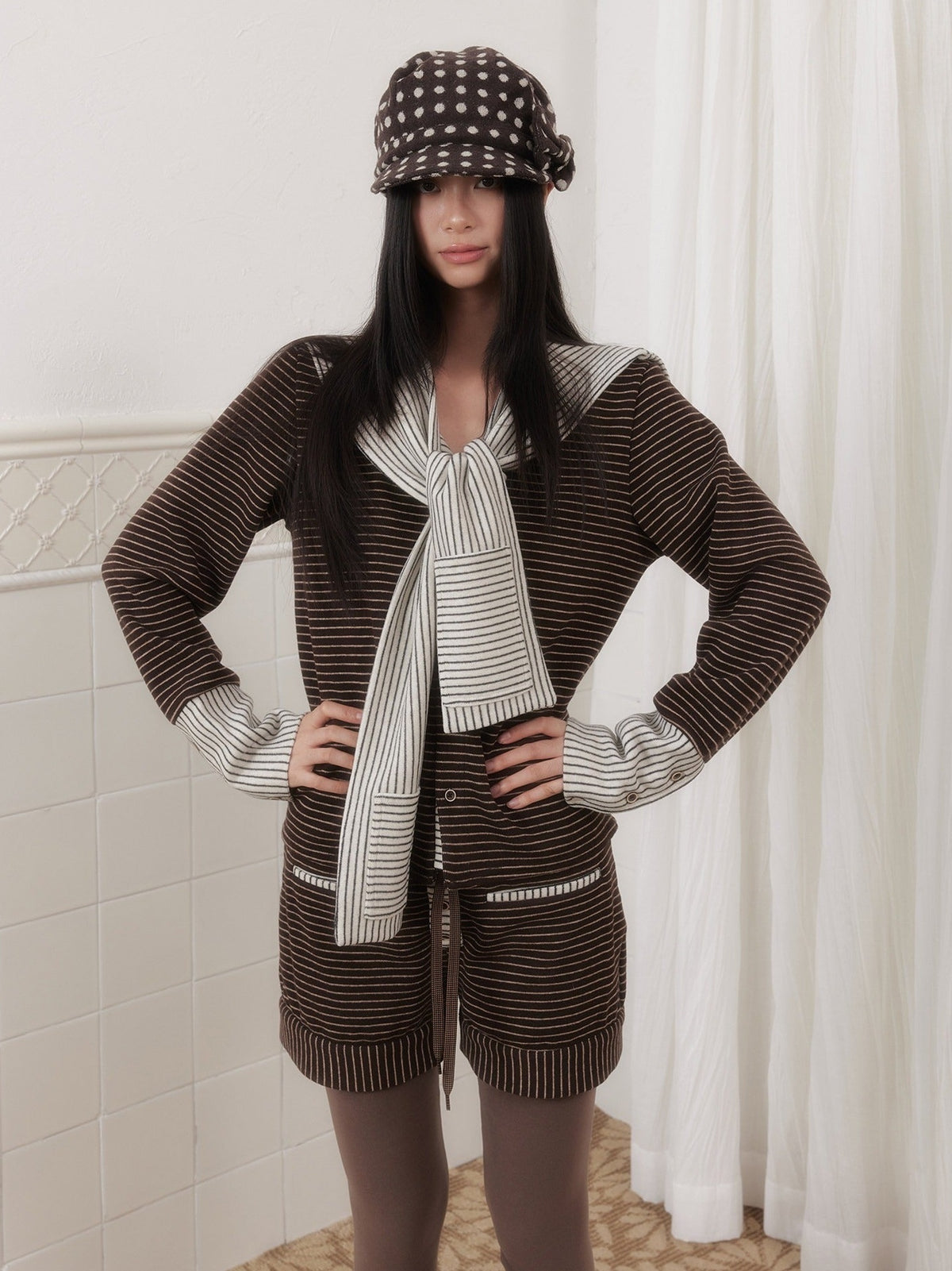 SENSELF_Gray_White_Striped_Patchwork_Sailor_Collar_Scarf_Women's_Knit_Cardigans_991091269040_MISSTT