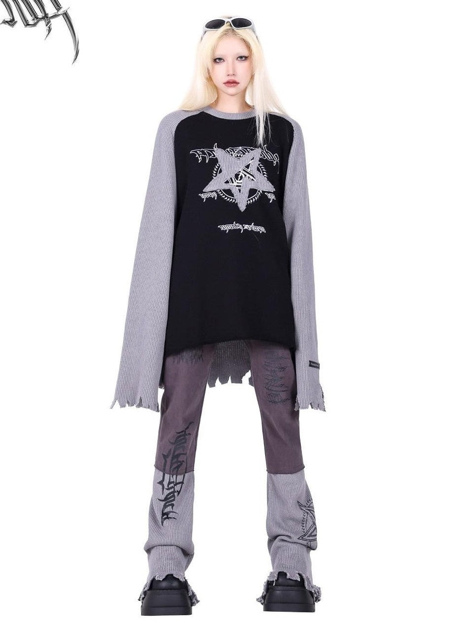 PINKSPINK Pink Embroidered Asymmetrical Distressed Pentagram Women's Cotton Flare Jeans