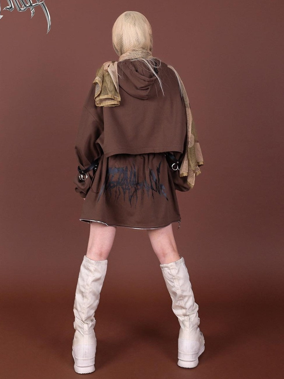 PINKSPINK Brown Embroidered Hooded Zip Convertible Women's Cotton Matching Skirt Sets
