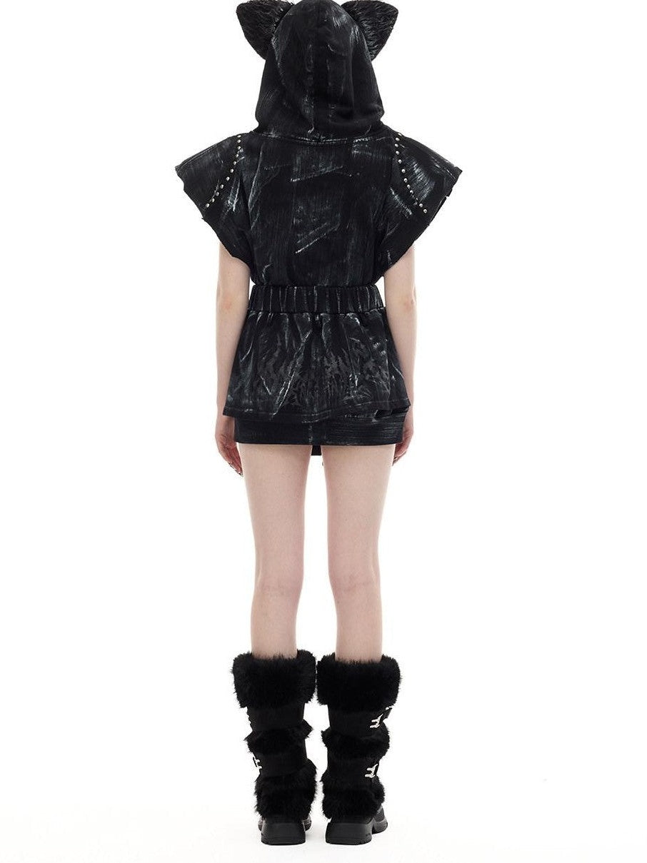 PINKSPINK Cat Ear Studded Punk Hooded Zipper Oversized Women's Cotton Vests