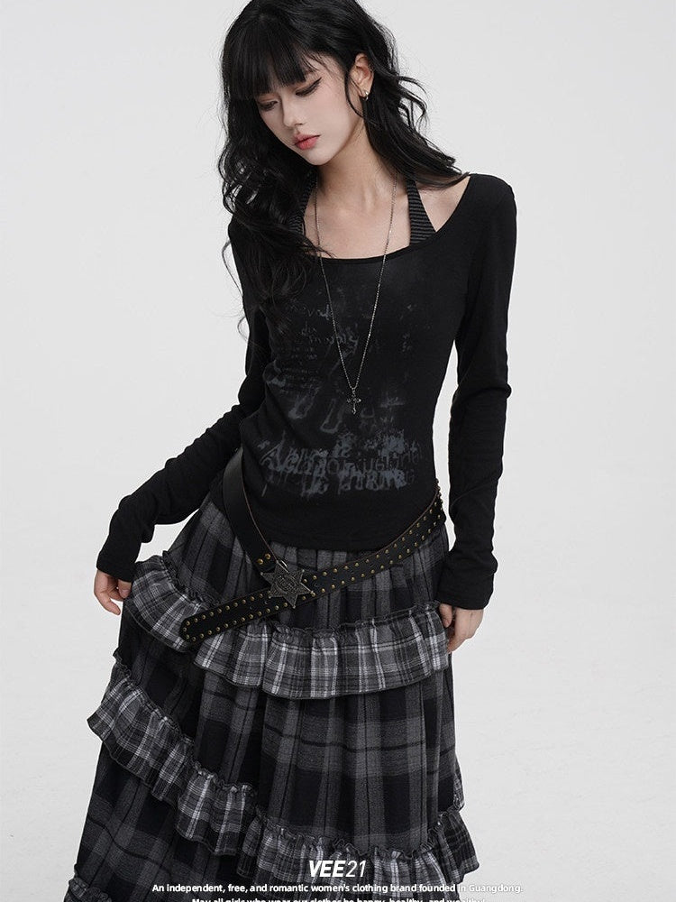 VEEMIX_Black_Printed_Faux_Layered_Crewneck_Women's_Viscose_Blend_Long_Sleeve_T-shirts_979558707381_MISSTT