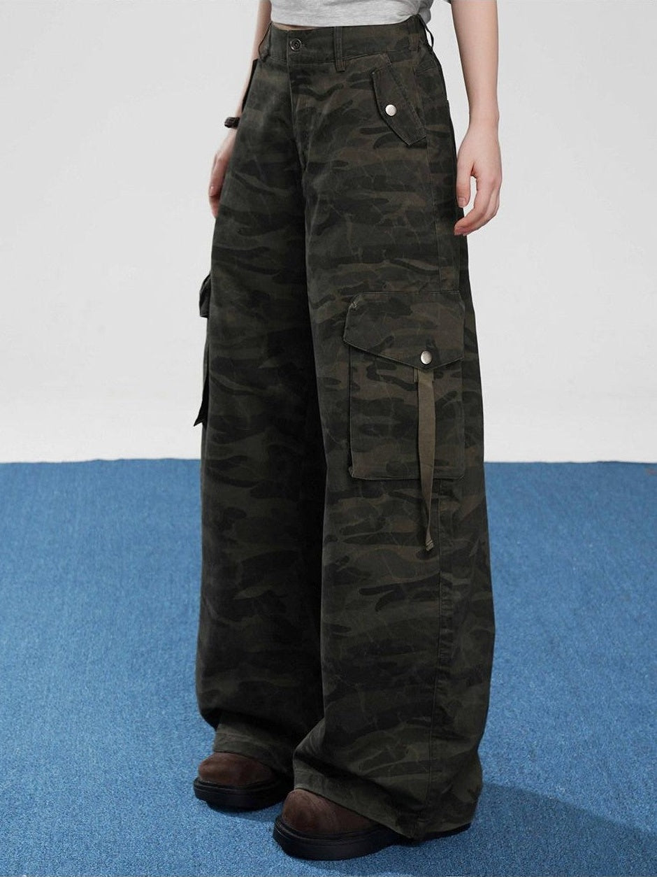 VEEMIX Military Green Camouflage Cargo Pockets Women's Cotton Blend Wide-leg Pants