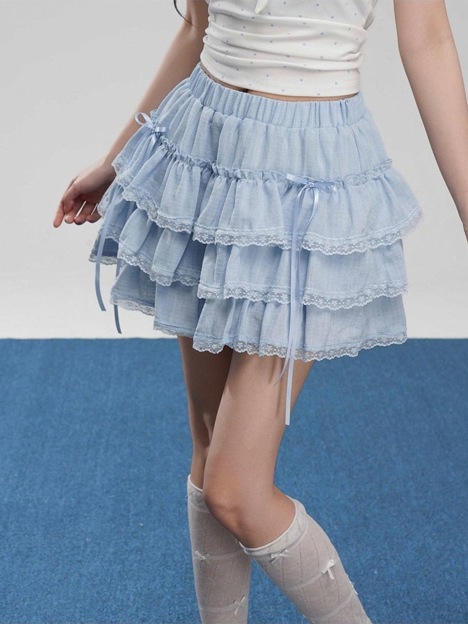 VEEMIX Light Blue Lace Trim Ruffled Bow Cake Women's Viscose Blend Tiered Skirts