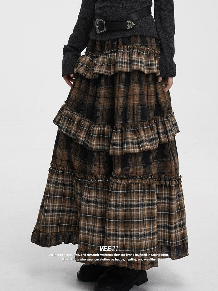 VEEMIX_Black_Gray_Plaid_Ruffle_Lace_Patchwork_Women's_Poly_Cotton_Blend_Tiered_Skirts_980765607606_MISSTT