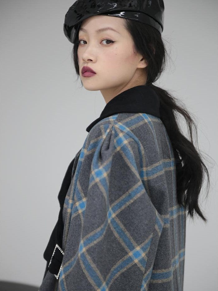 Jnylon studios Deconstructed Plaid Asymmetric Color Block Women's Wool Long Straight Coat With Pockets Buttons Wool Coats