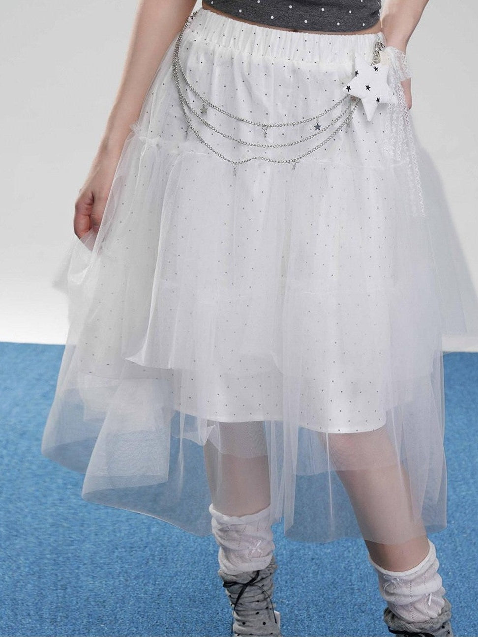 VEEMIX Girlish Ballet Polka Dot Tulle High Waist Women's Cotton Blend Midi Skirts