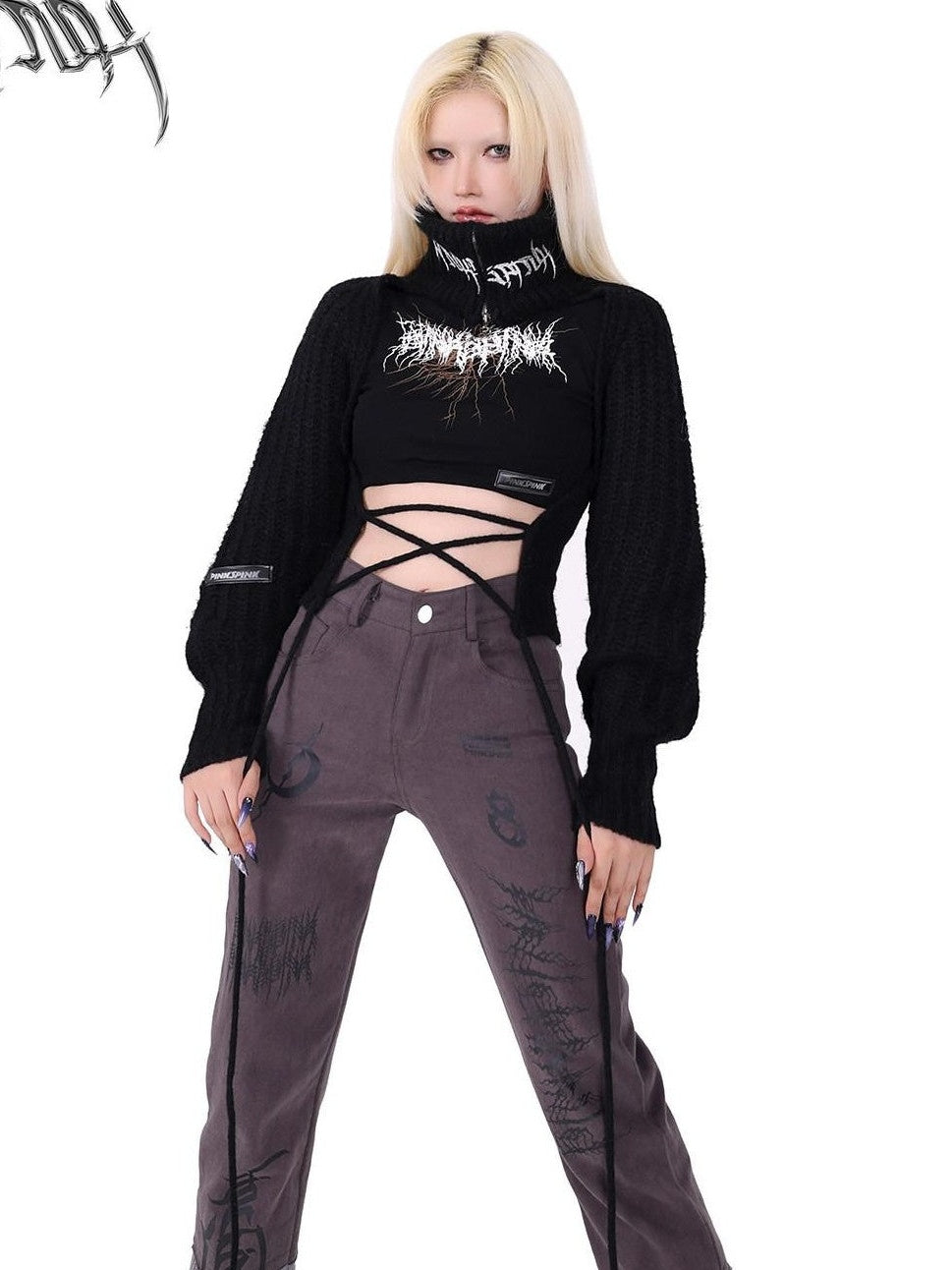 PINKSPINK Pentagram Cutout Double Zipper Tie Women's Acrylic Turtleneck Sweaters