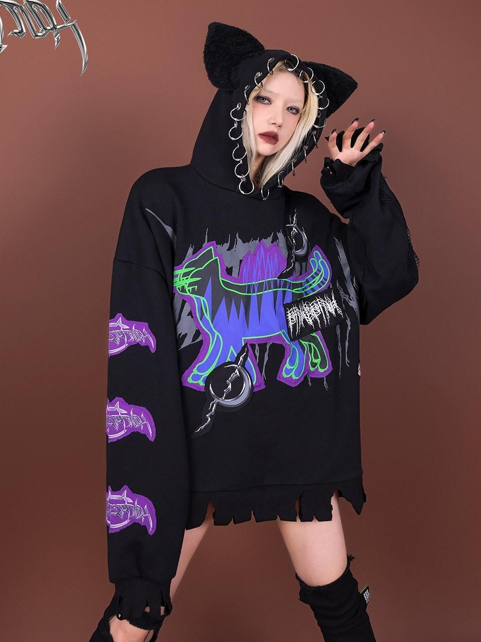 PINKSPINK Horror Cat Patch Embroidered Ring Ear Distressed Women's Cotton Hoodies