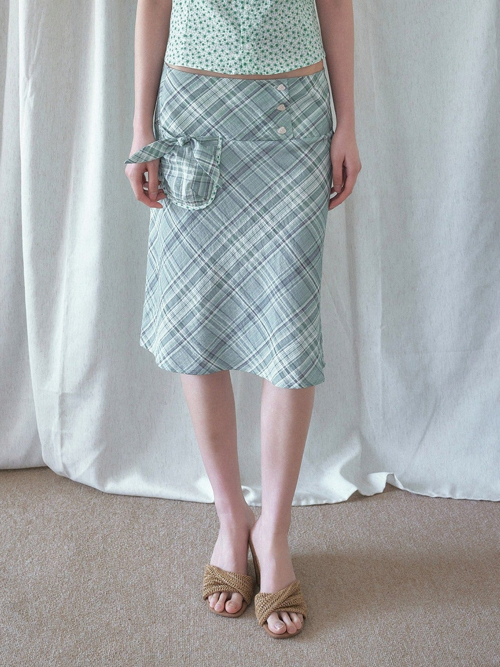 SENSELF_Mint_Green_Blue_Vintage_Plaid_Bias_Cut_Low_Waist_Women's_Mermaid_Skirts_1051899925376_MISSTT