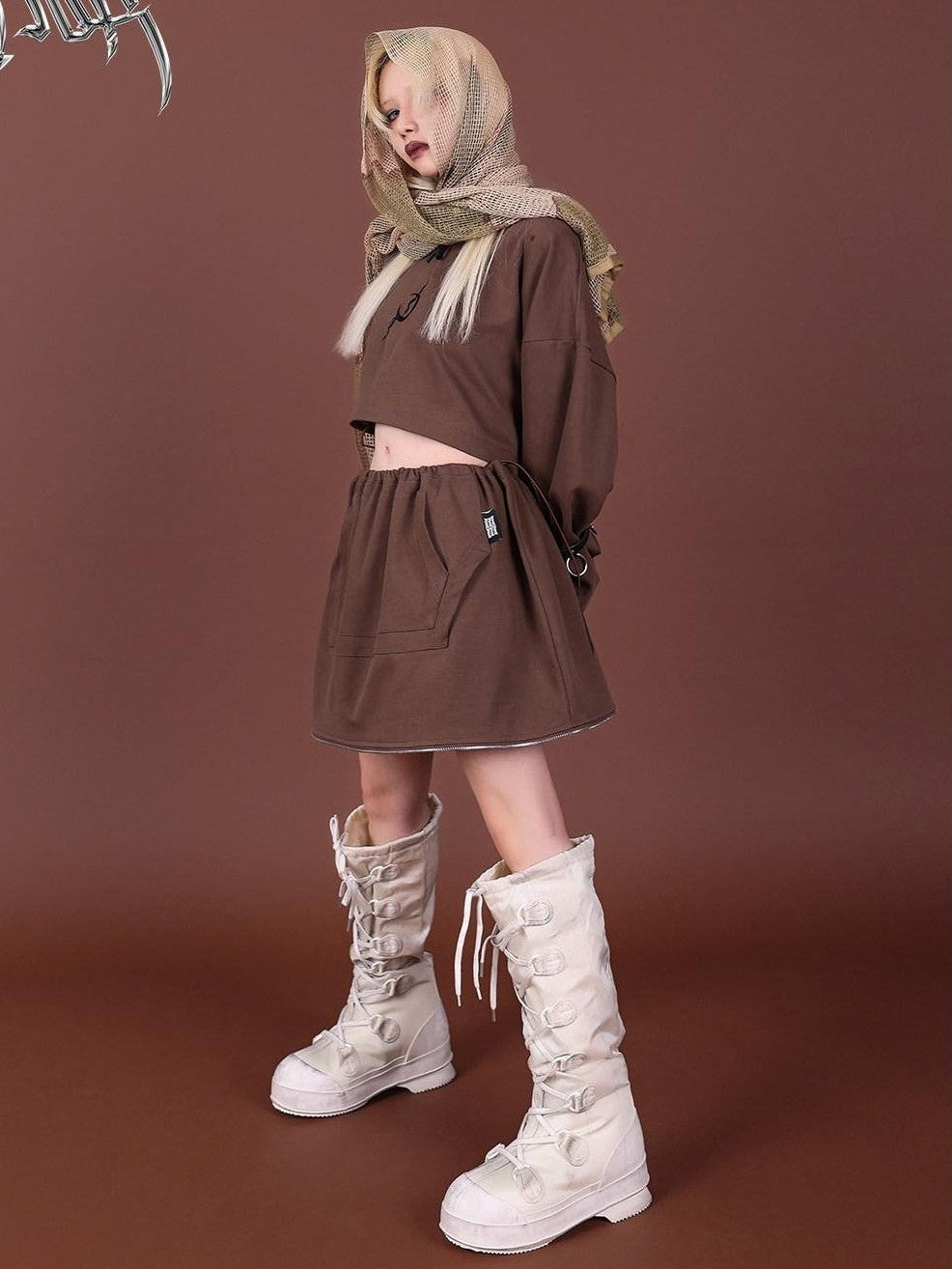 PINKSPINK Brown Embroidered Hooded Zip Convertible Women's Cotton Matching Skirt Sets