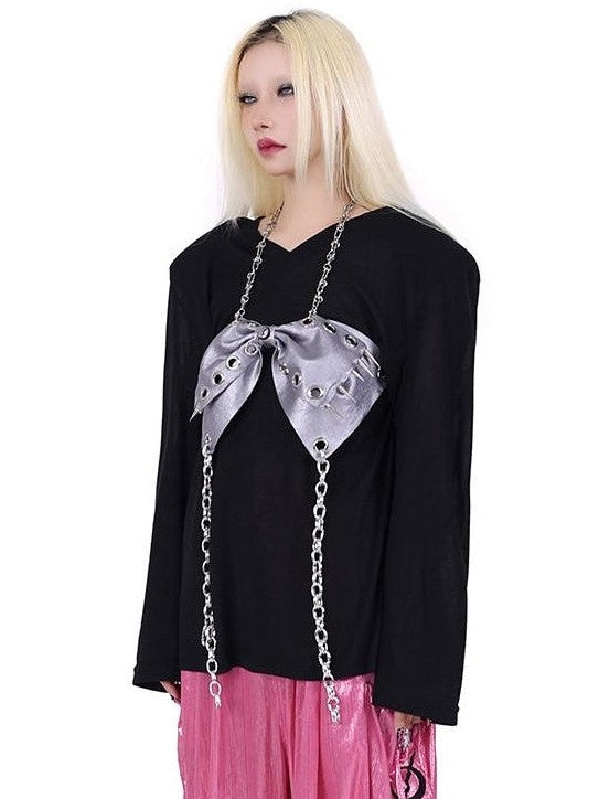 PINKSPINK Silver Studded 3d Bow Embroidered Cutout Asymmetric Tie Back Women's Halter Tops