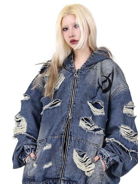 PINKSPINK Blue Double Layer Distressed Ripped Oversized Women's Cotton Denim Jackets