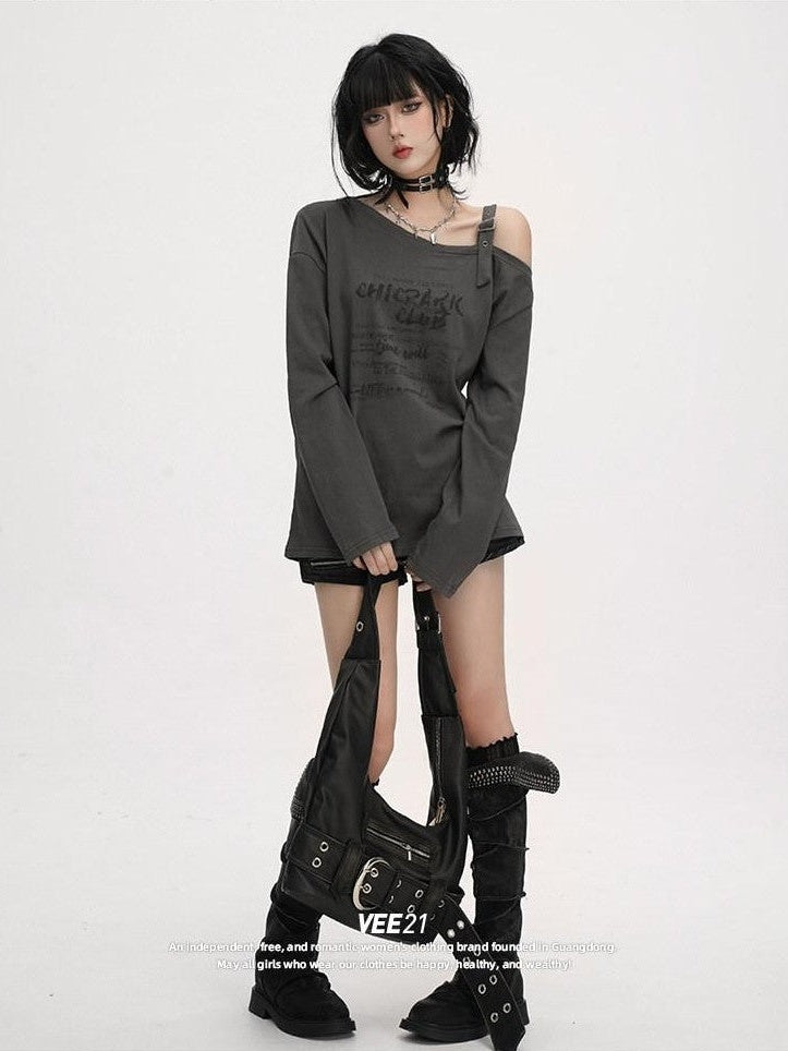 VEEMIX Khaki Letter Print Asymmetric One Shoulder Women's Long Sleeve T-shirts