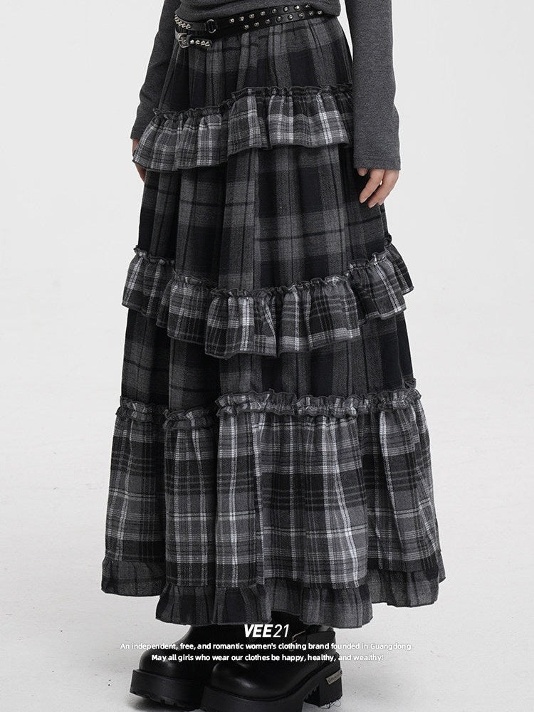 VEEMIX_Black_Gray_Plaid_Ruffle_Lace_Patchwork_Women's_Poly_Cotton_Blend_Tiered_Skirts_980765607606_MISSTT