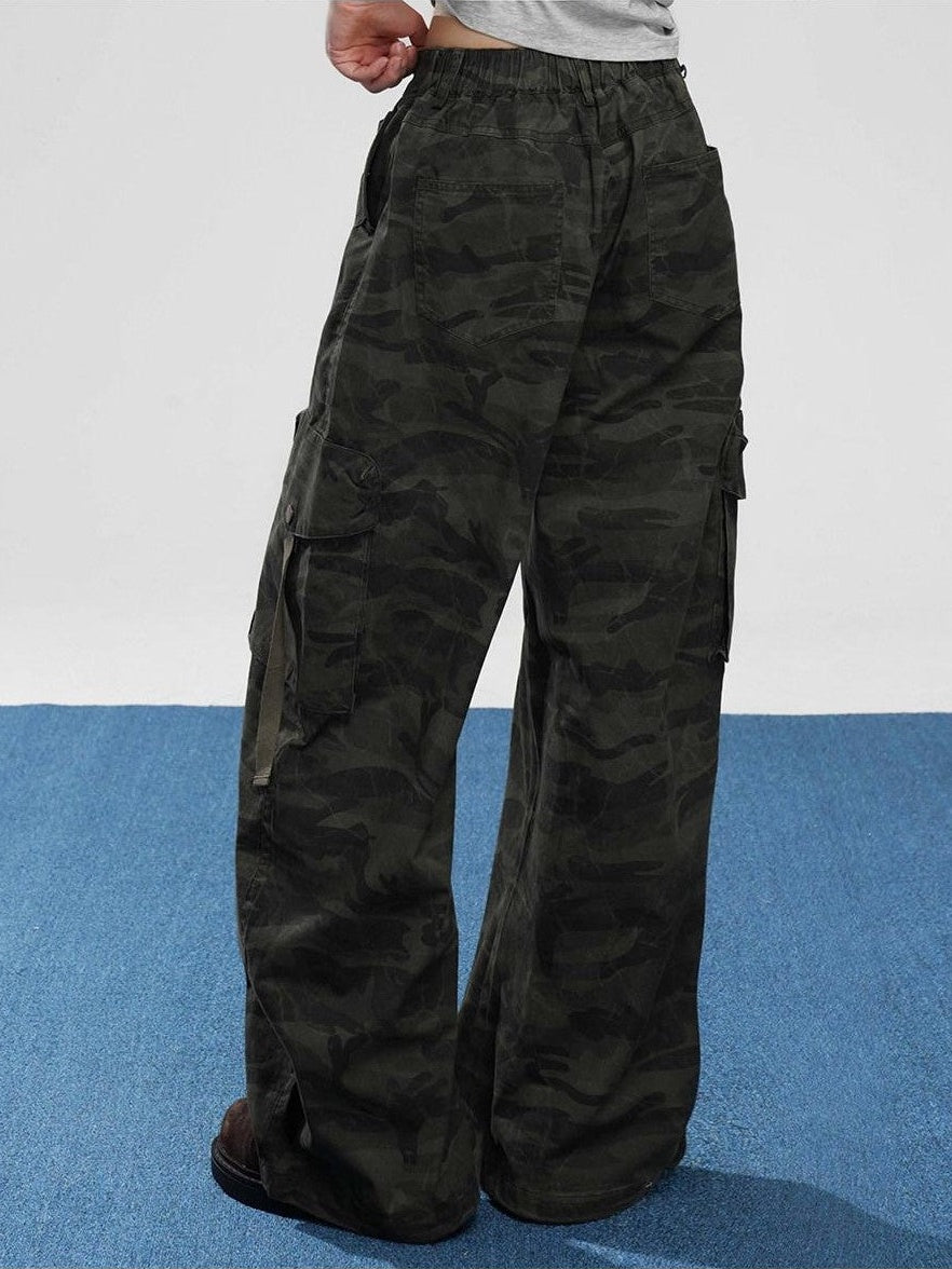 VEEMIX Military Green Camouflage Cargo Pockets Women's Cotton Blend Wide-leg Pants