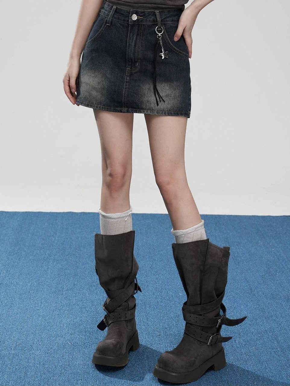 VEEMIX Gray Denim Pendant Low Waist Bodycon Women's Cotton Blend Mini Skirts