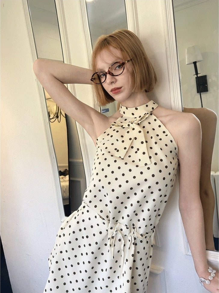 GGLOYDIUS_Off_White_Polka_Dot_Silver_Ring_Cinched_Waist_Women's_Cotton_Halter_Mini_Dresses_1025728128251_MISSTT