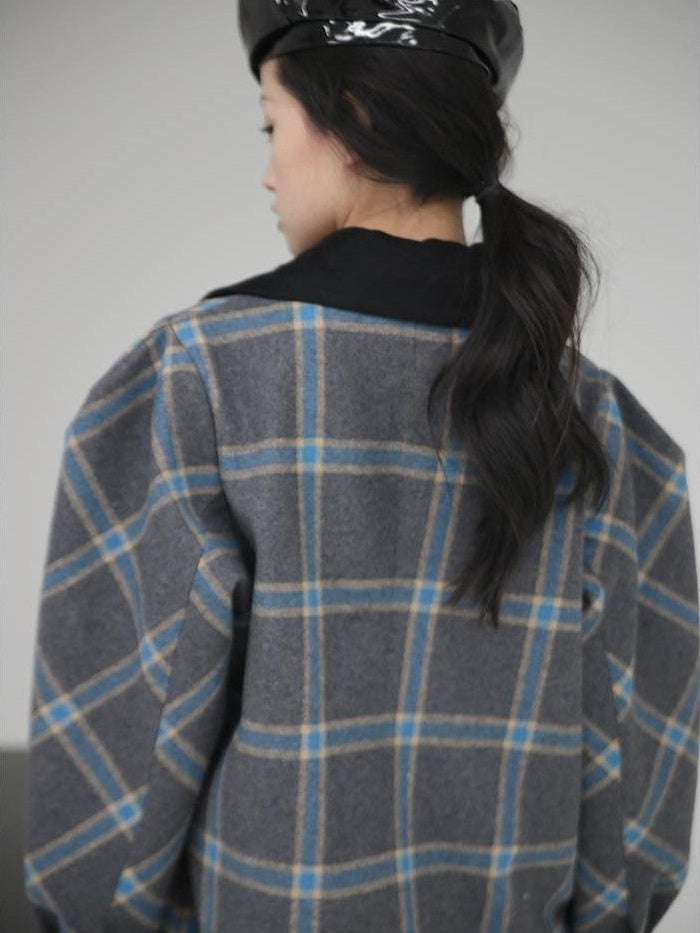 Jnylon studios Deconstructed Plaid Asymmetric Color Block Women's Wool Long Straight Coat With Pockets Buttons Wool Coats