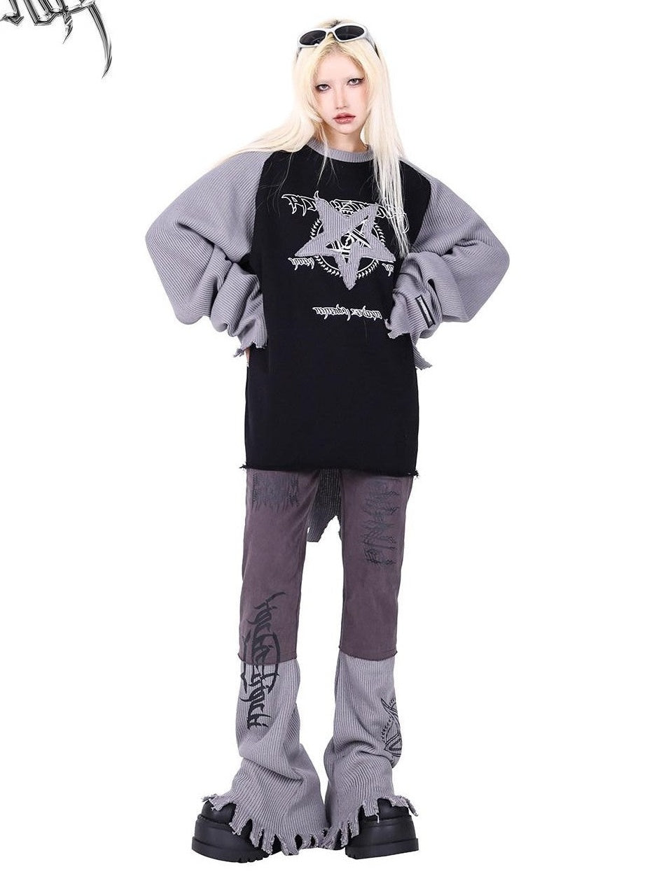 PINKSPINK Pink Embroidered Asymmetrical Distressed Pentagram Women's Cotton Flare Jeans