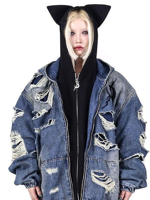 PINKSPINK Blue Double Layer Distressed Ripped Oversized Women's Cotton Denim Jackets