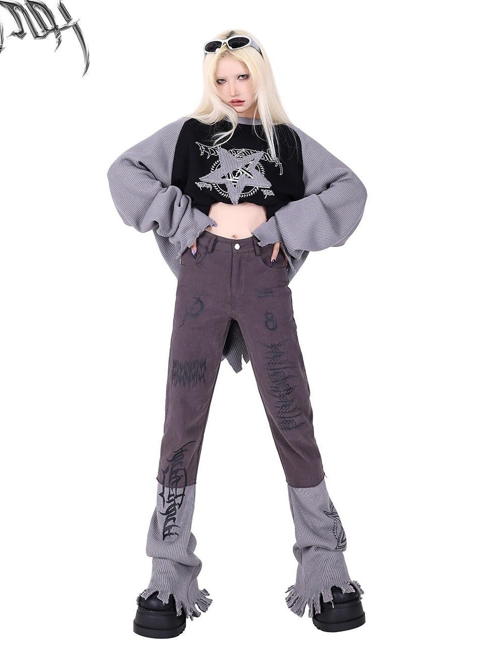PINKSPINK Pentagram Denim Patchwork Raglan Printed Women's Knit Sweatshirts