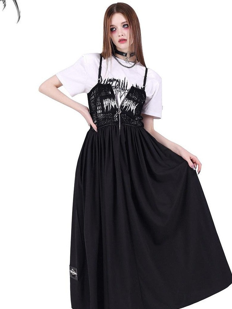PINKSPINK Black Mesh Cutout Letter Print Punk Women's Cotton Slip Maxi Dresses