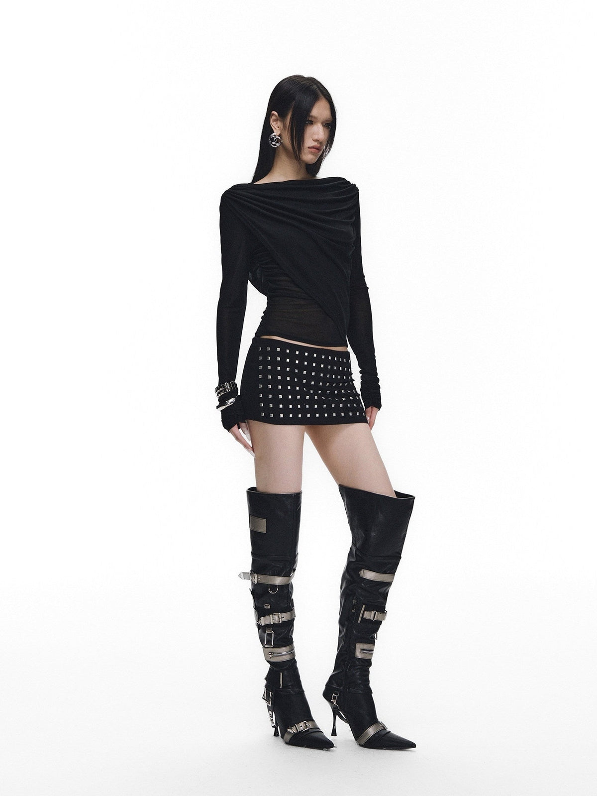 Fanptntox_Black_Rhinestone_Tie_V-neck_Slim_Women's_Tencel_Low_Waist_Matching_Skirt_Sets_963465463180_MISSTT