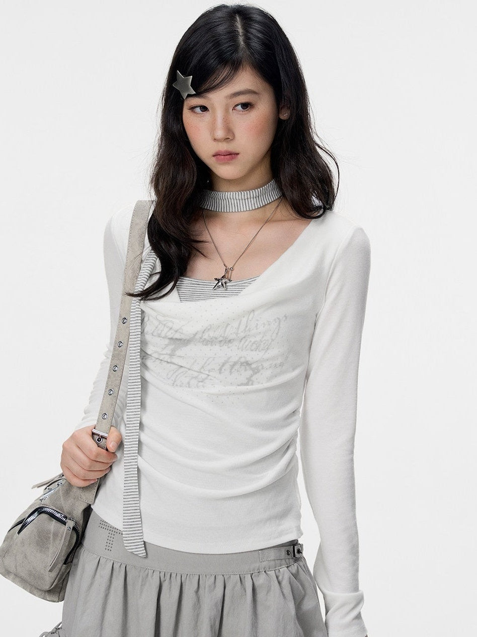 VEEMIX_Gray_Ruched_Letter_Print_Faux_Layered_Women's_Cotton_Long_Sleeve_T-shirts_1070910611037_MISSTT