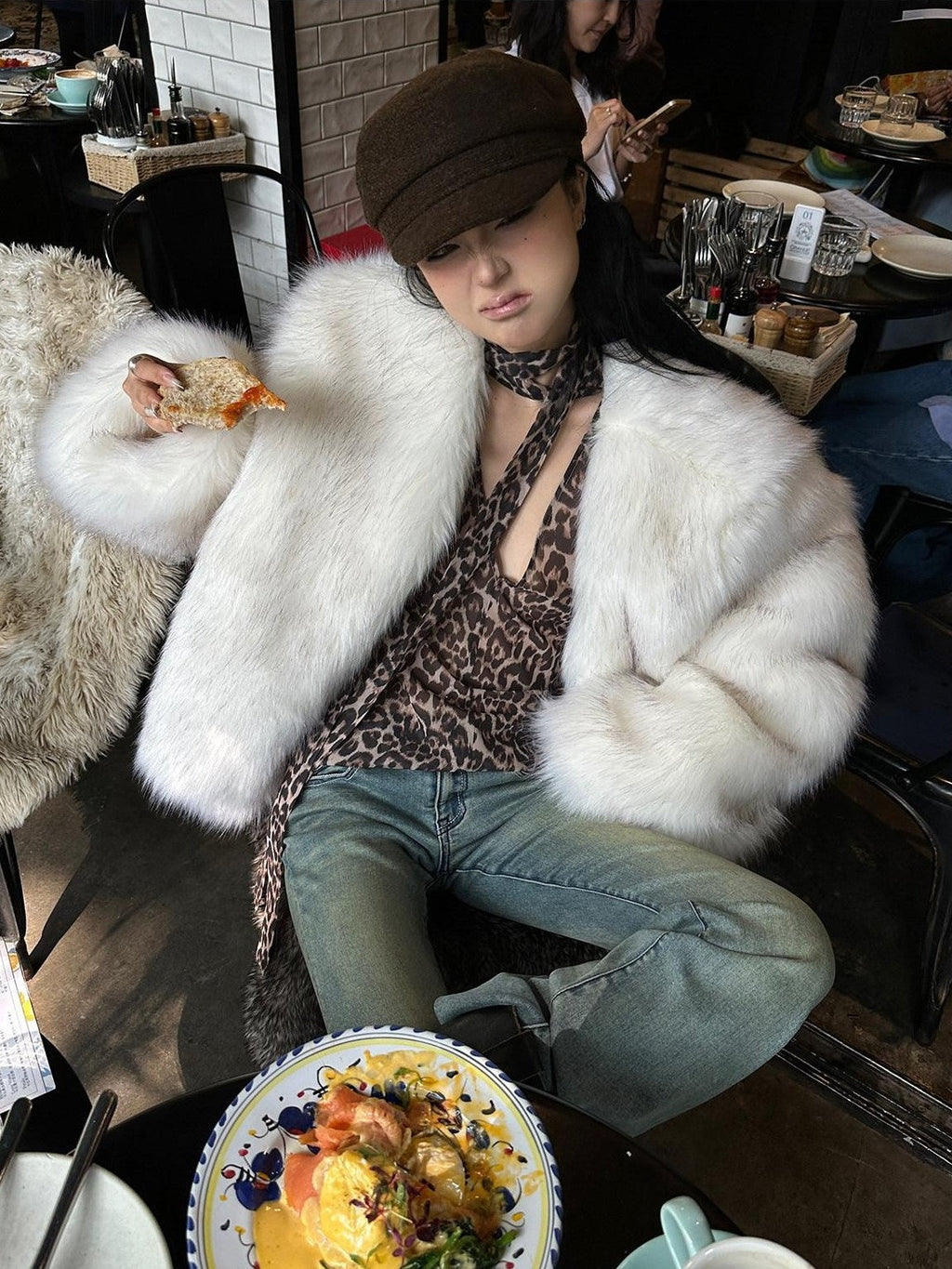 Fanptntox White Boatneck Cropped Loose Fit Women's Faux Mink Faux Fur Coats