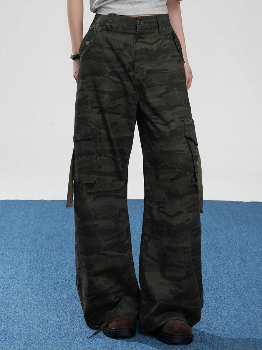 VEEMIX Military Green Camouflage Cargo Pockets Women's Cotton Blend Wide-leg Pants