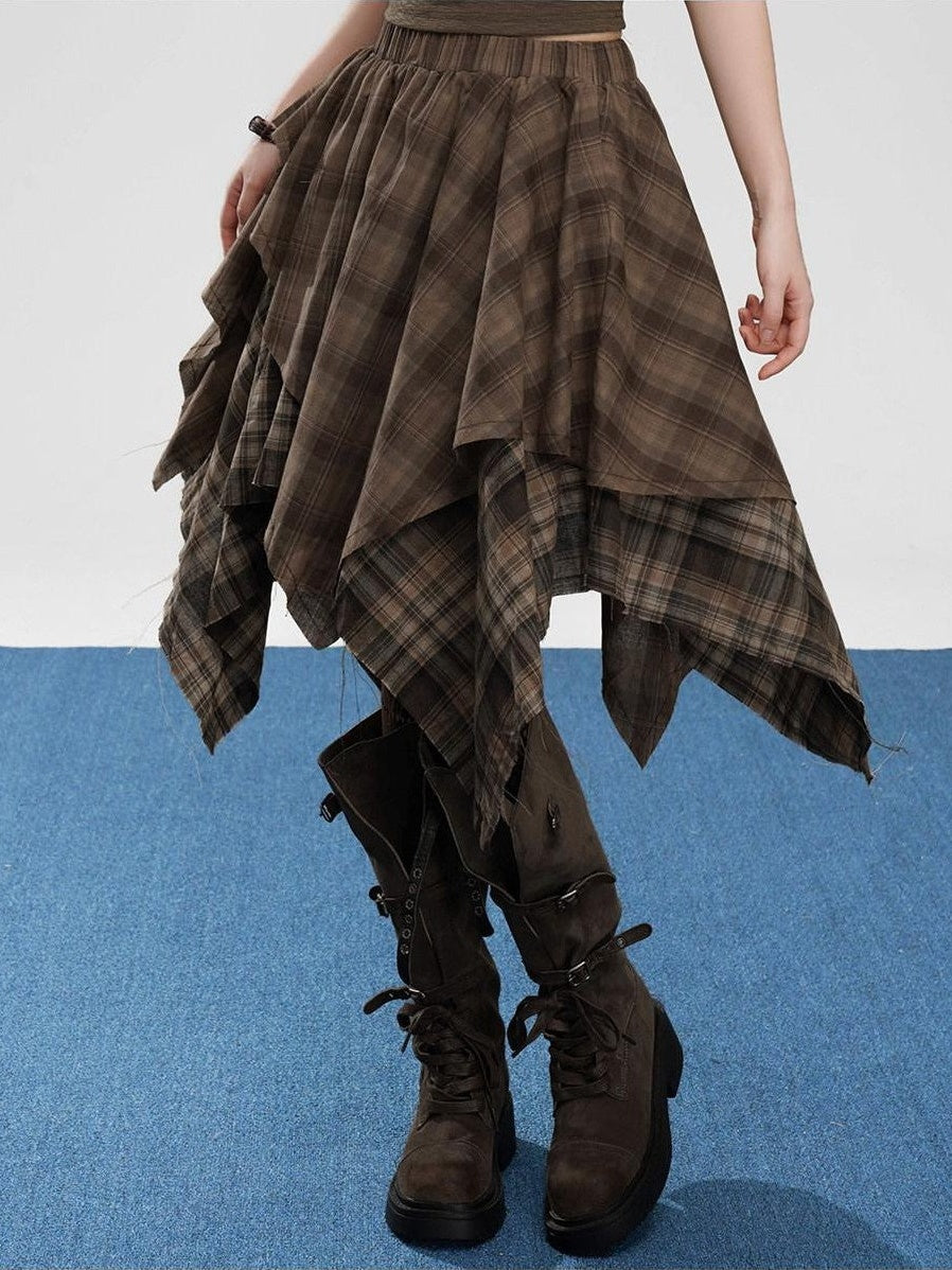 VEEMIX Coffee Plaid Asymmetrical High Waist A Line Women's Cotton Blend Midi Skirts