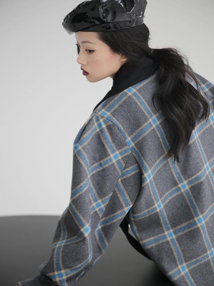 Jnylon studios Deconstructed Plaid Asymmetric Color Block Women's Wool Long Straight Coat With Pockets Buttons Wool Coats