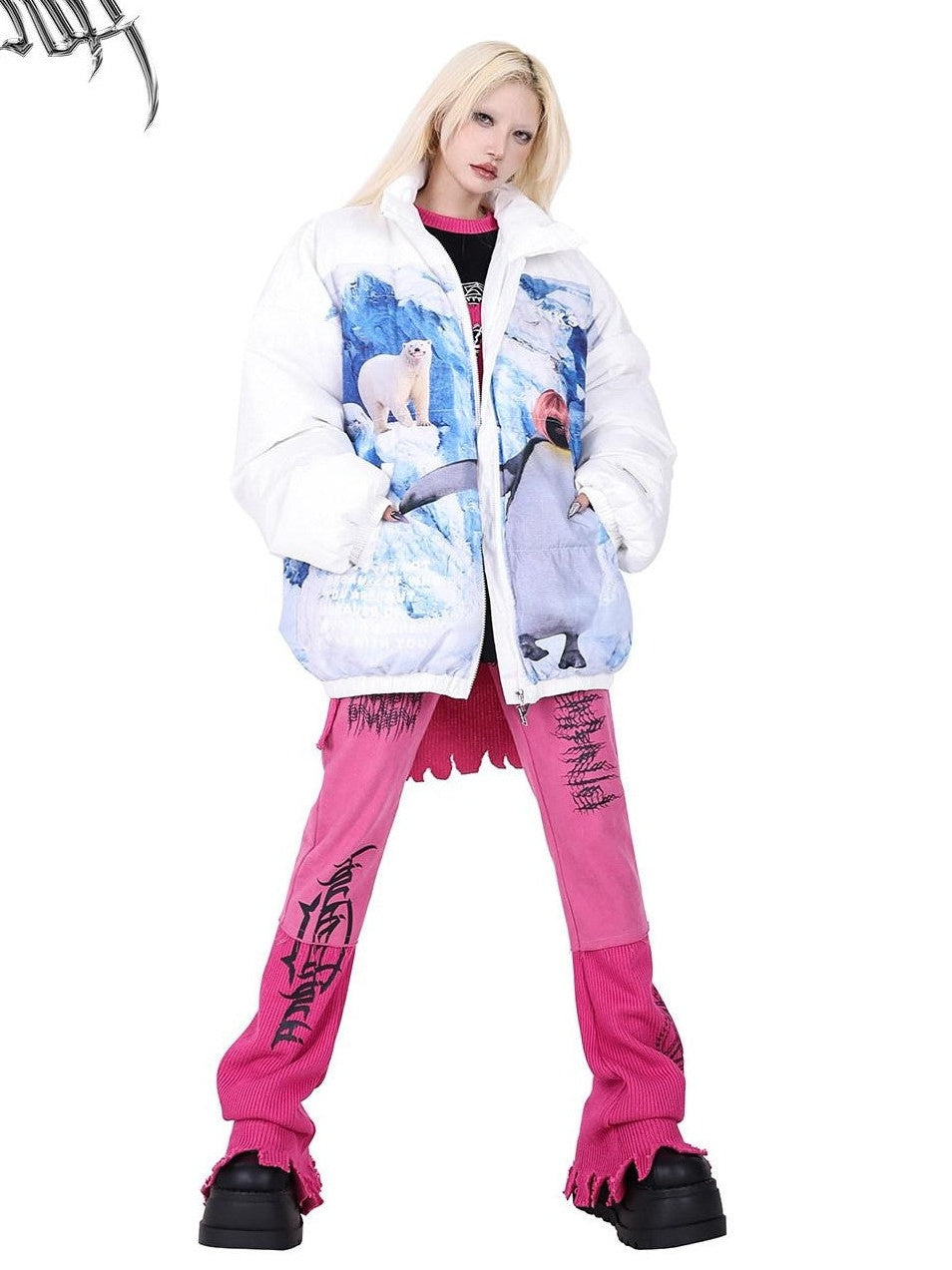 PINKSPINK Snow Mountain Polar Bear Print Stand Collar Women's Cotton Padded Puffer Jackets