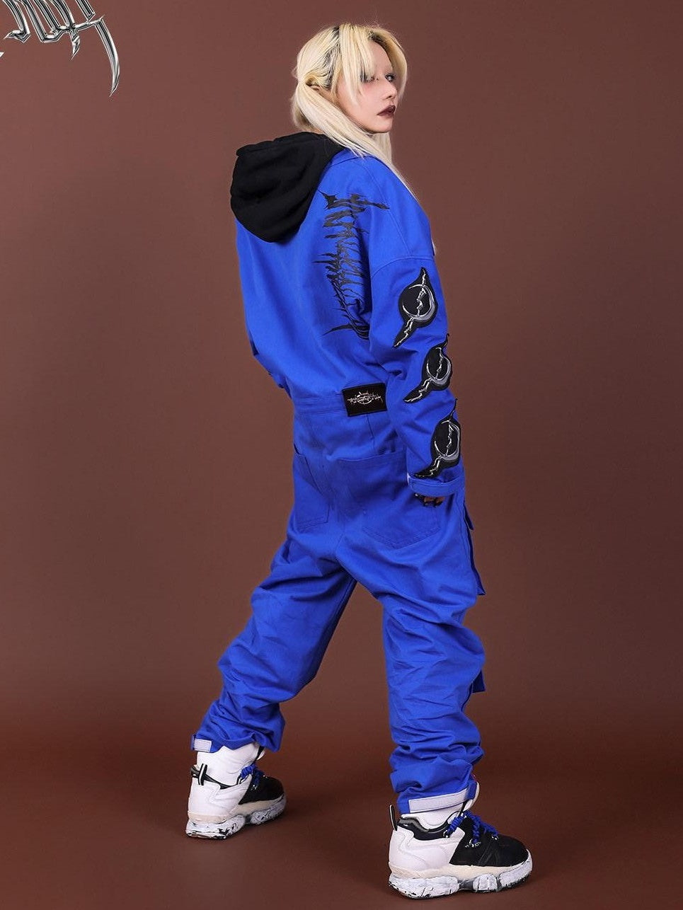 PINKSPINK Blue Patchwork Applique Embroidered Multi Pocket Women's Cotton Cargo Pants