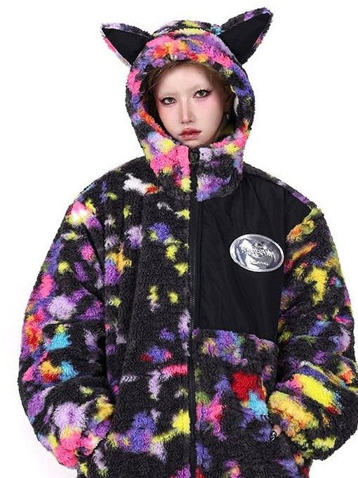 PINKSPINK Rainbow Cat Ear Hooded Abstract Zip Oversized Women's Sherpa Puffer Jackets
