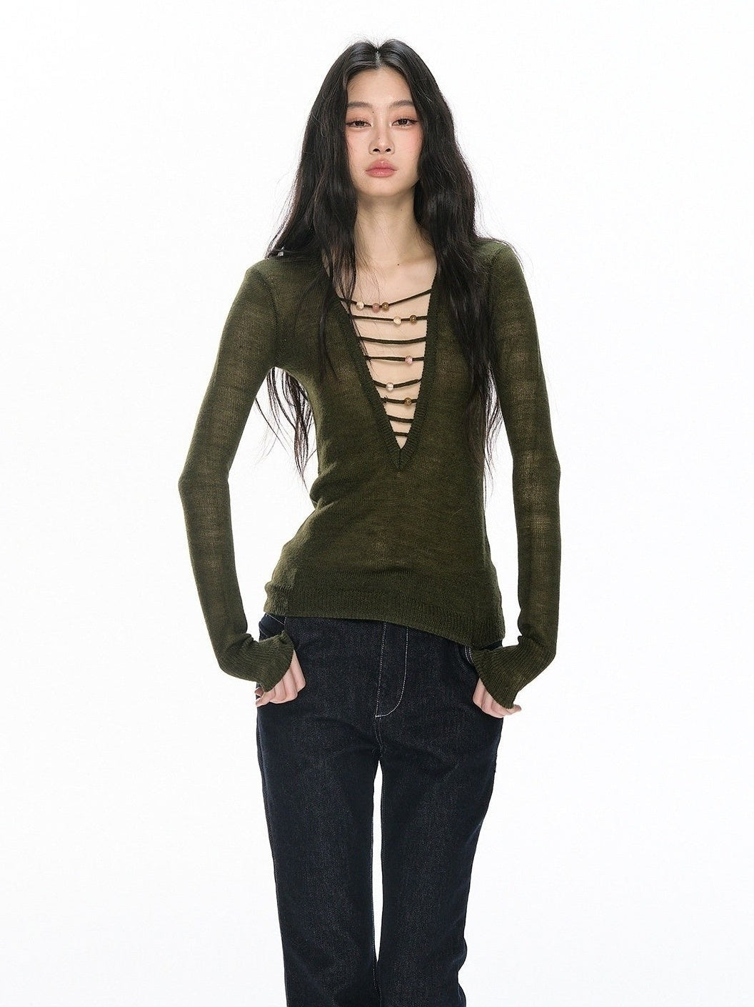 RedBling_American_Cutout_Lace_Up_V-neck_Slim_Fit_Women's_Knit_Long_Sleeve_T-shirts_895278540964_MISSTT
