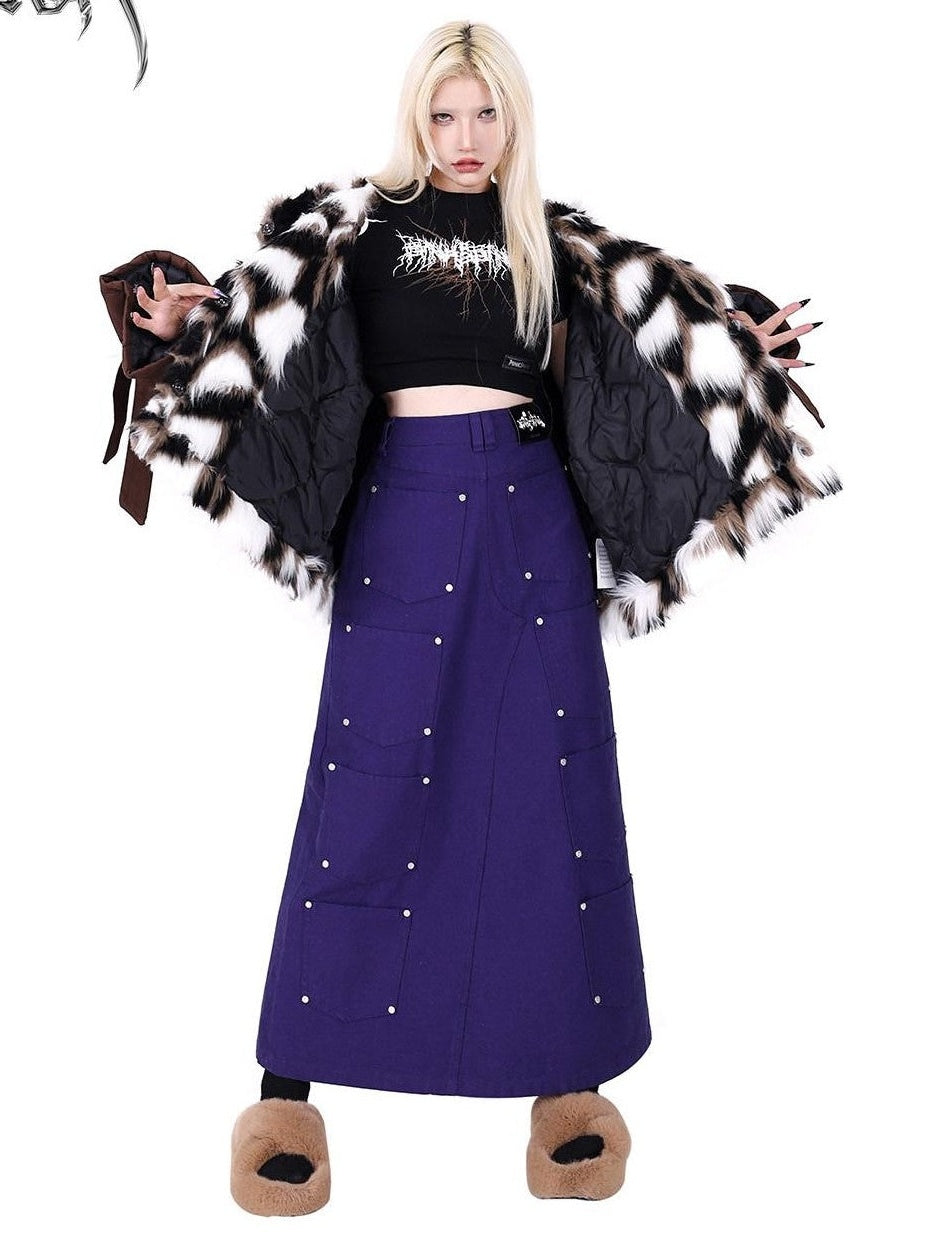PINKSPINK Dark Purple Embroidered Multi Pocket Patchwork Women's Denim Maxi Skirts