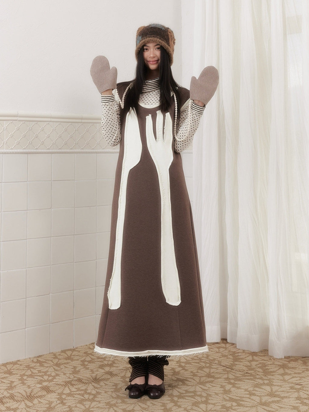 SENSELF_Brown_Cutlery_Applique_Layered_Vest_Aline_Women's_Knit_Casual_Maxi_Dresses_991785172079_MISSTT