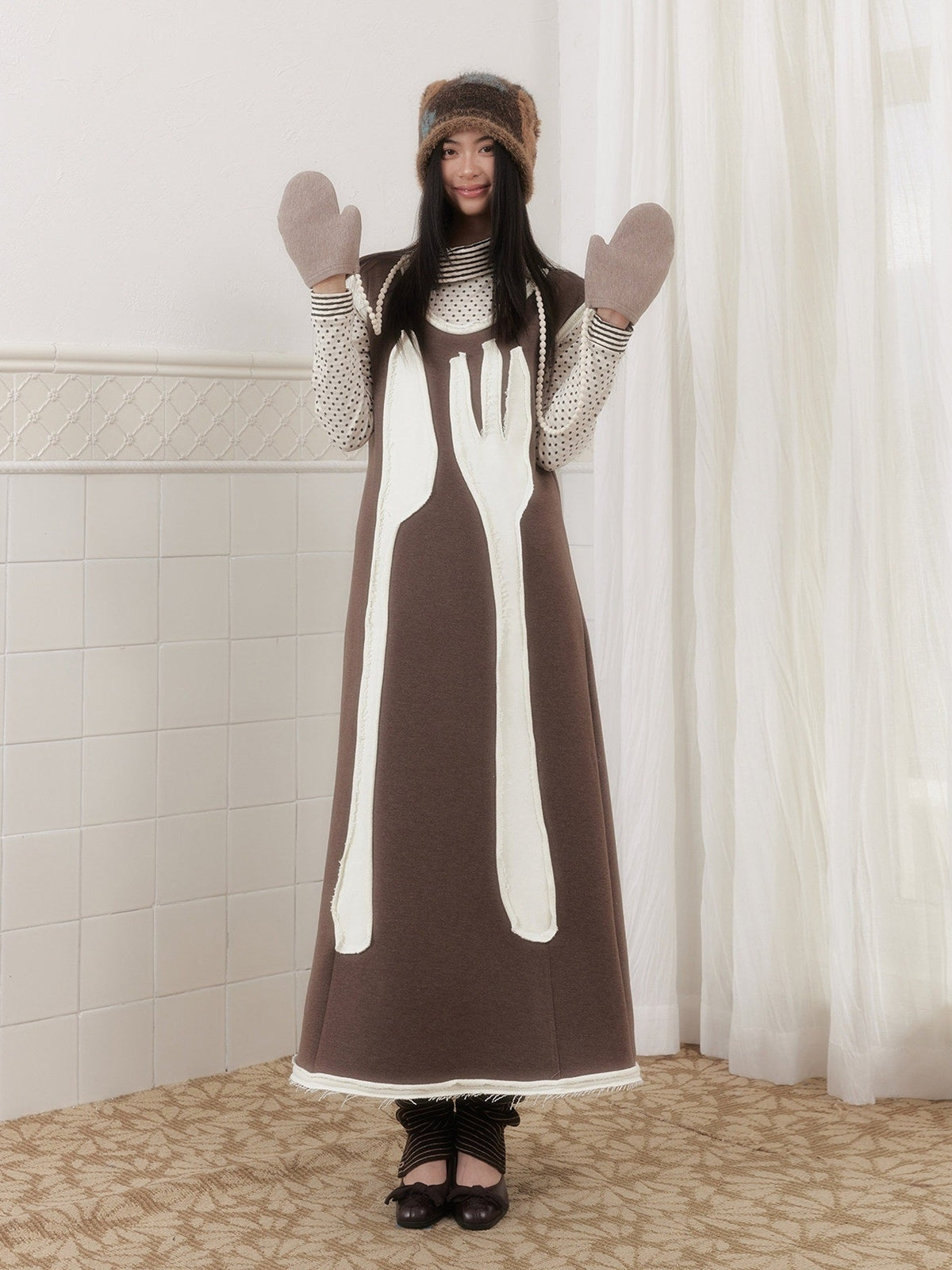SENSELF_Brown_Cutlery_Applique_Layered_Vest_Aline_Women's_Knit_Casual_Maxi_Dresses_991785172079_MISSTT