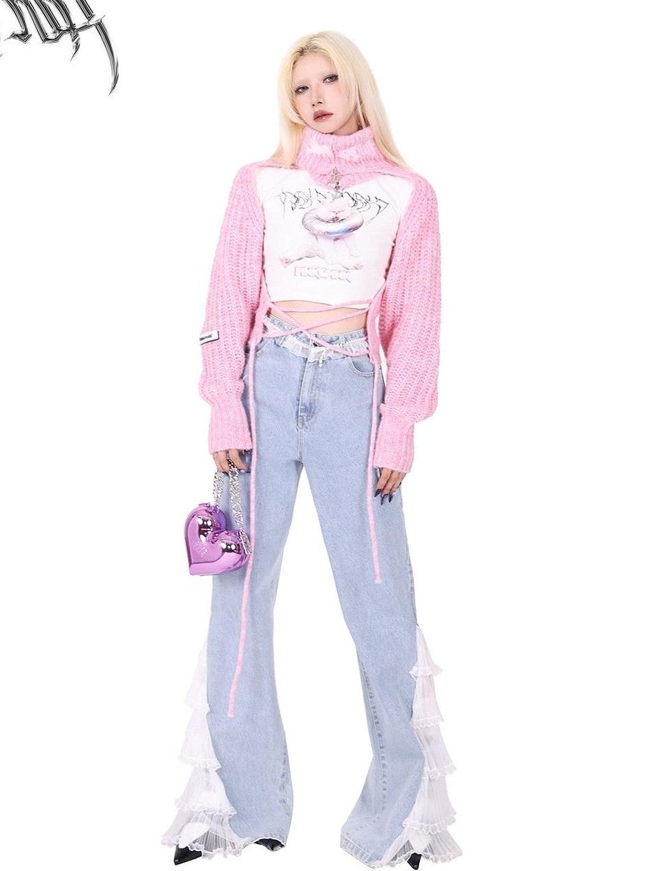 PINKSPINK Pentagram Cutout Double Zipper Tie Women's Acrylic Turtleneck Sweaters