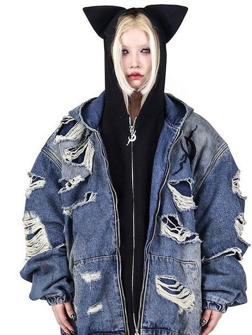 PINKSPINK Black Sphinx Cat Ear Double Zipper Letter Print Women's Zip-up Hoodies