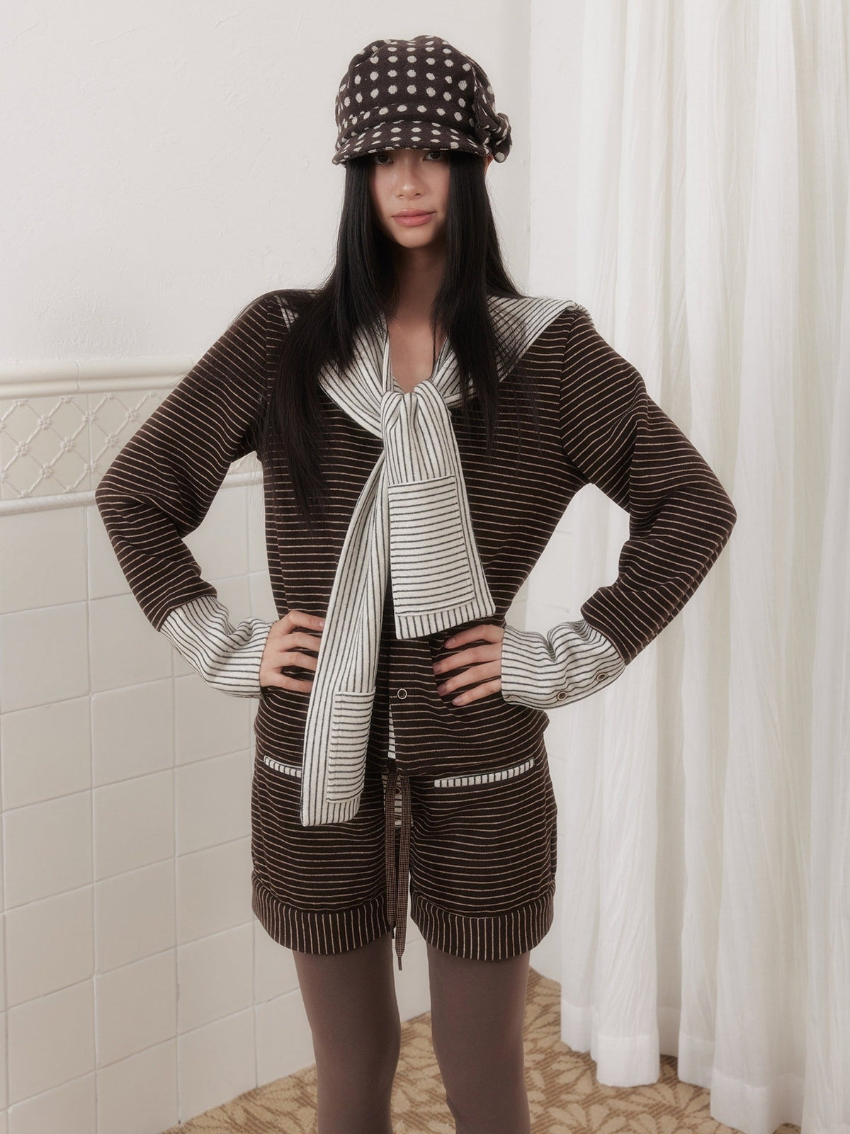 SENSELF_Brown_Striped_Patchwork_Sailor_Collar_Scarf_Two_Piece_Women's_Knit_Cardigans_991778624980_MISSTT