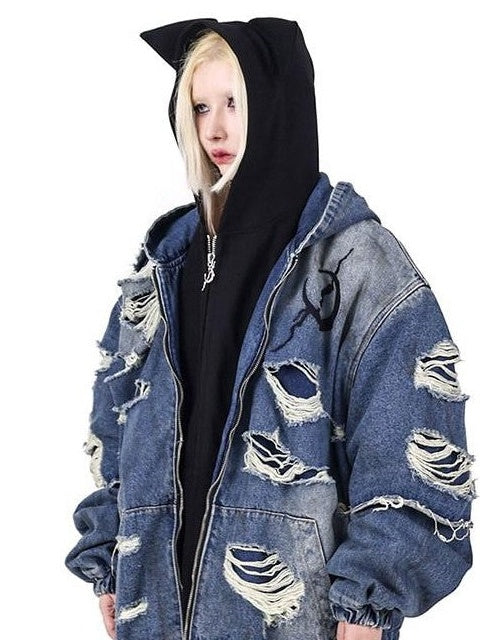 PINKSPINK Blue Double Layer Distressed Ripped Oversized Women's Cotton Denim Jackets