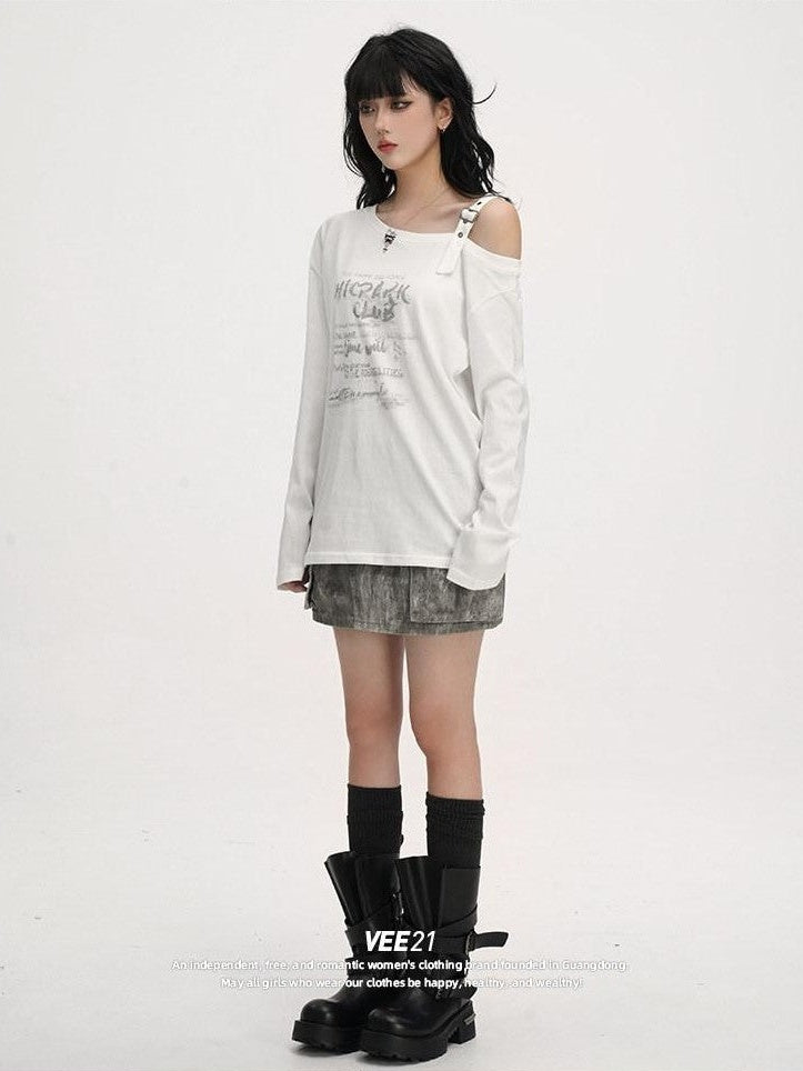 VEEMIX Khaki Letter Print Asymmetric One Shoulder Women's Long Sleeve T-shirts